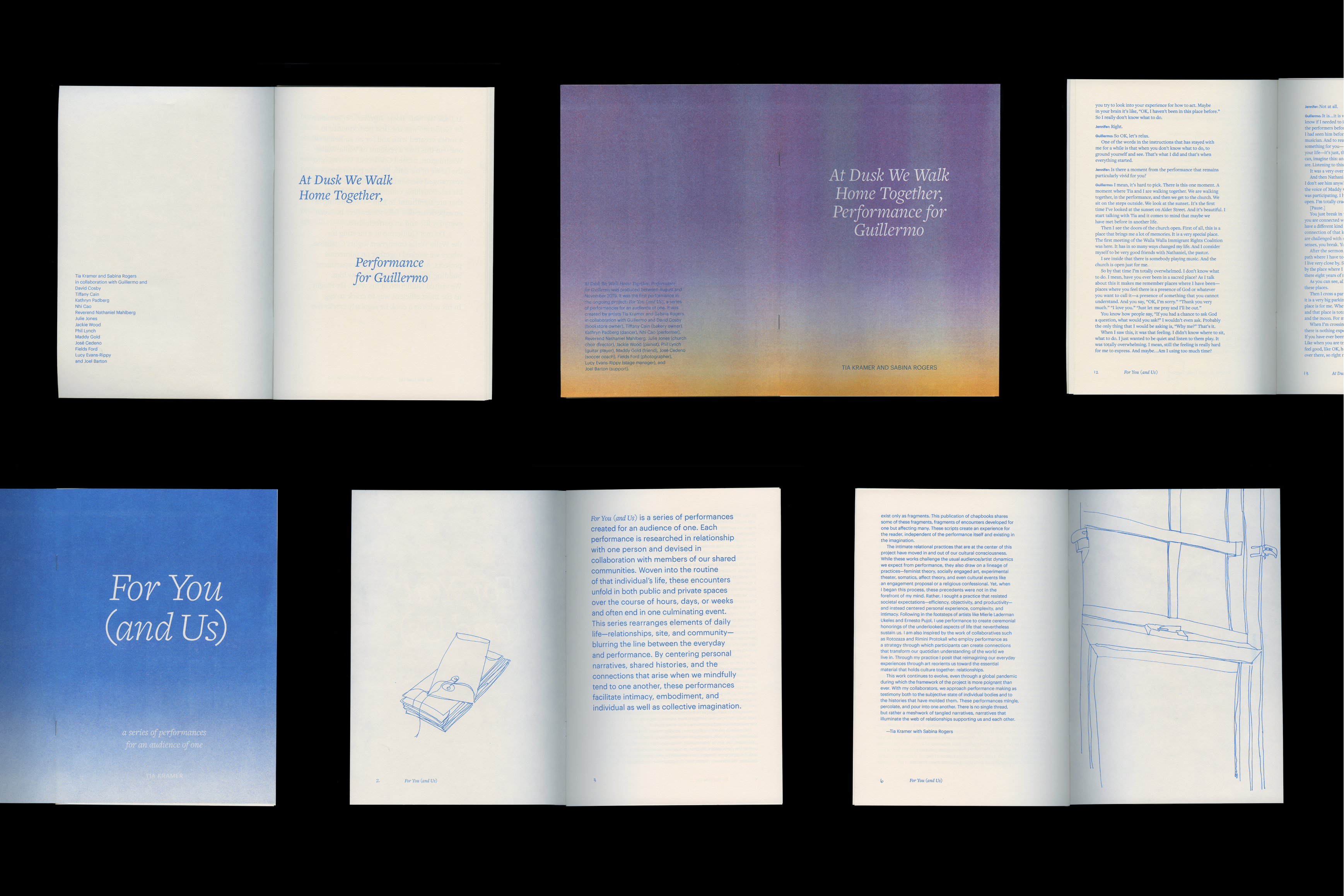 Scanned pages from performance booklets printed on risograph