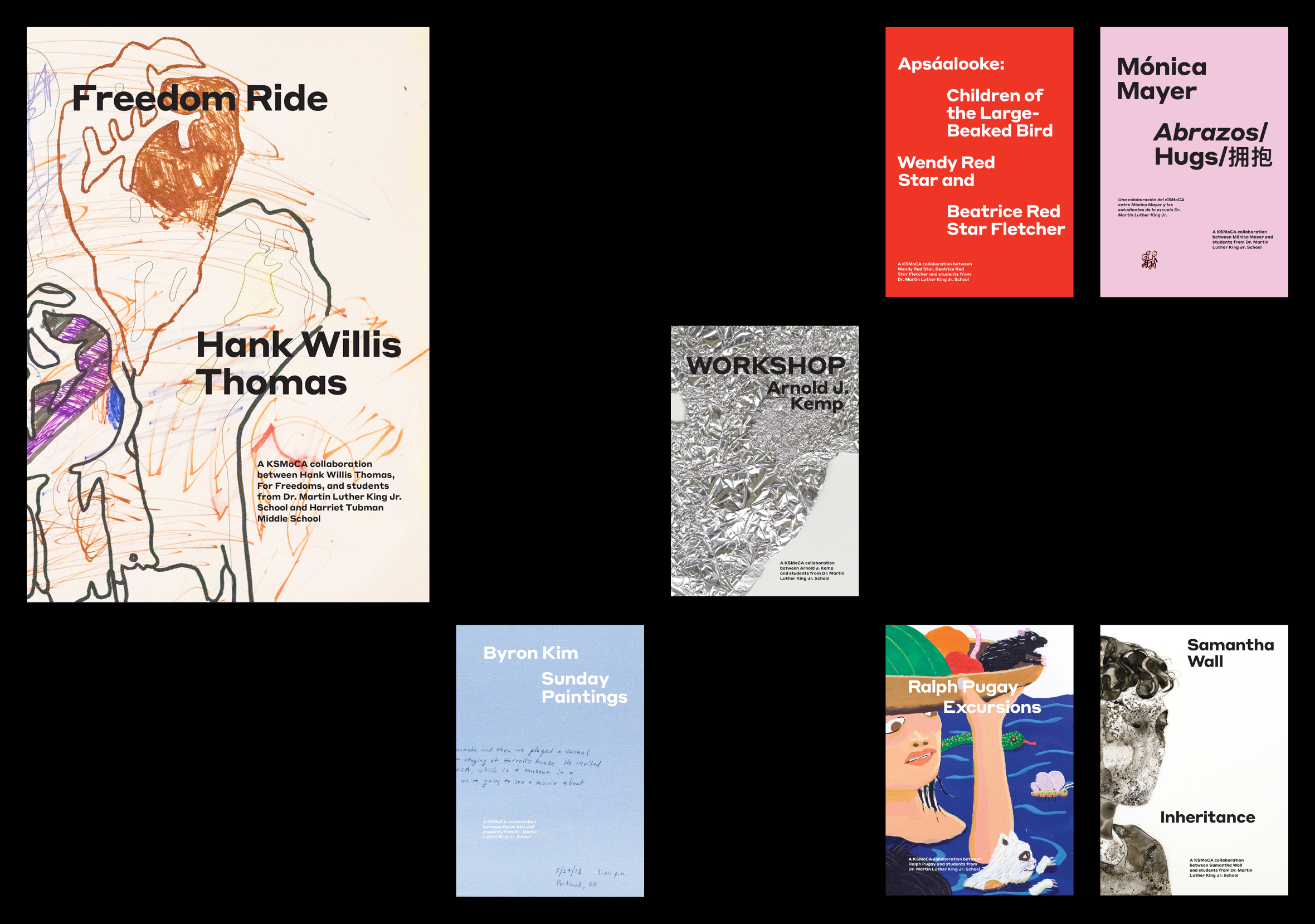 Covers of seven artist catalogs arranged in a grid