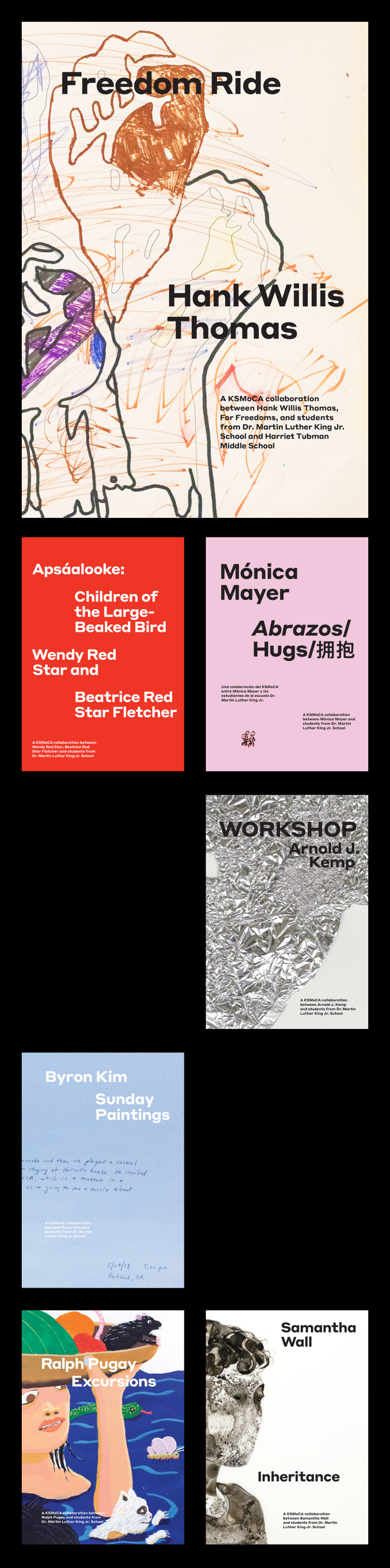 Covers of seven artist catalogs arranged in a grid