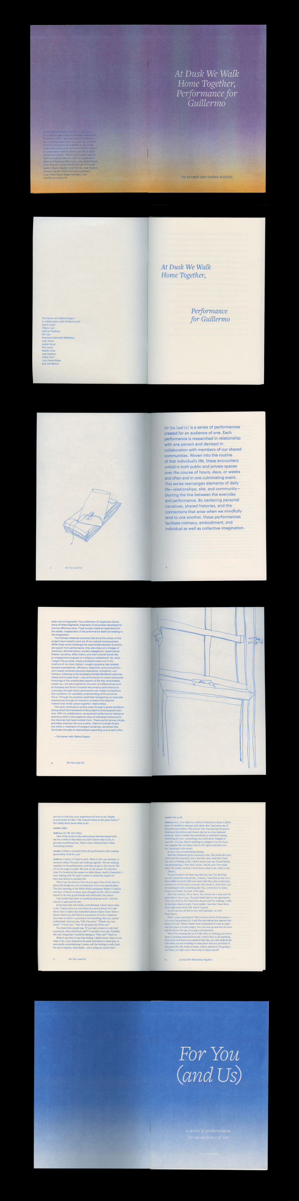 Scanned pages from performance booklets printed on risograph